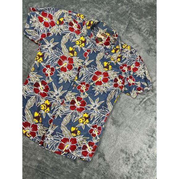 Bugle Boy Authentics Men’s Large Blue Red Floral Short Sleeve Shirt Excellent - Picture 2 of 9